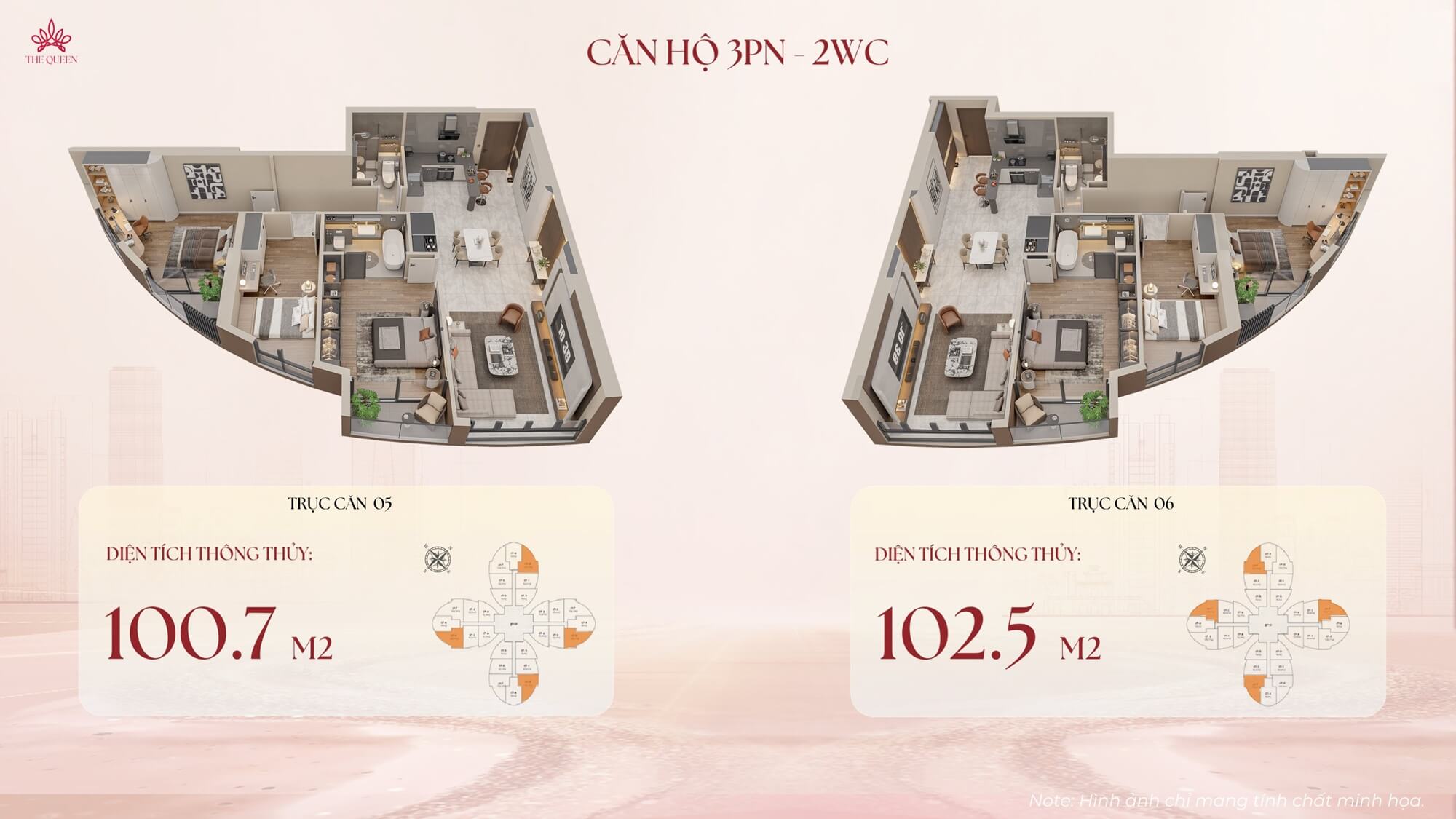 căn hộ 3 ngủ dự án the queen 360 giải phóng